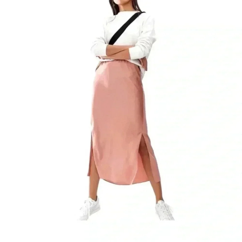 ASOS pink bias cut satin midi skirt with splits